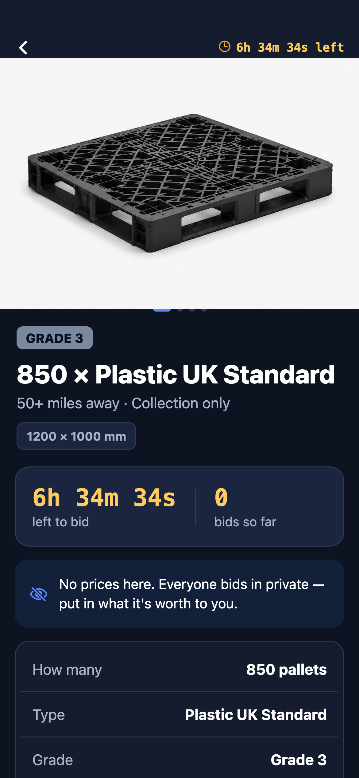 TPX app: a load detail with a private sealed bid — no prices shown to buyers