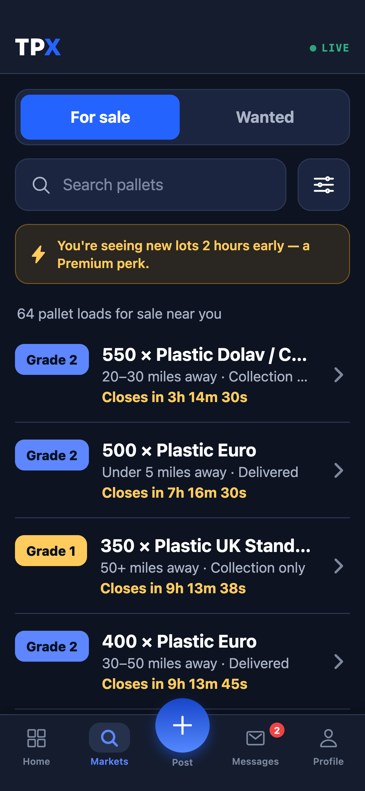 TPX app: live pallet loads for sale near you, with grades, distances and closing times — no prices