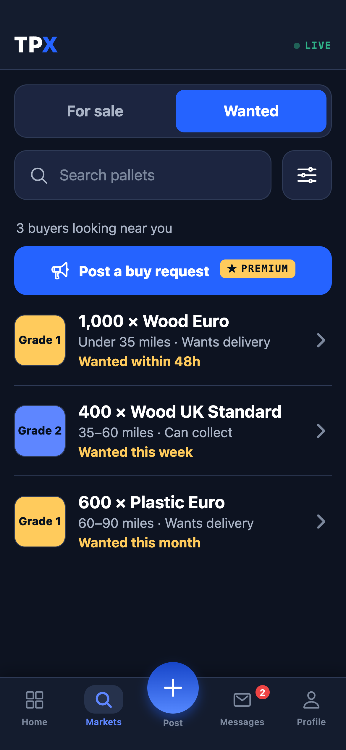 TPX app: the Wanted board — buyers post buy requests and verified sellers respond